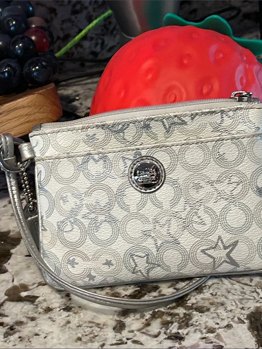 Coach Silver-Accented White Signature Wristlet